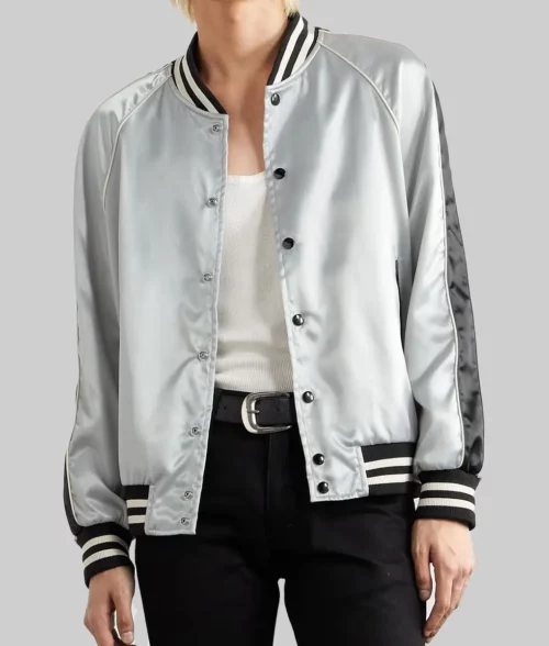 Lady Gaga Stripped Satin Bomber Jacket - Lady Gaga Black Stripped Silver Satin Bomber Jacket - Front Open View