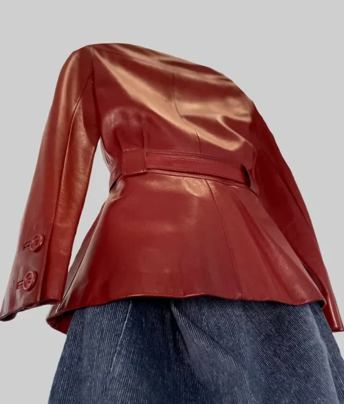 Emily in Paris Lily Collins Red Leather Jacket - Emily in Paris Lily Collins Red Leather Jacket - Back View