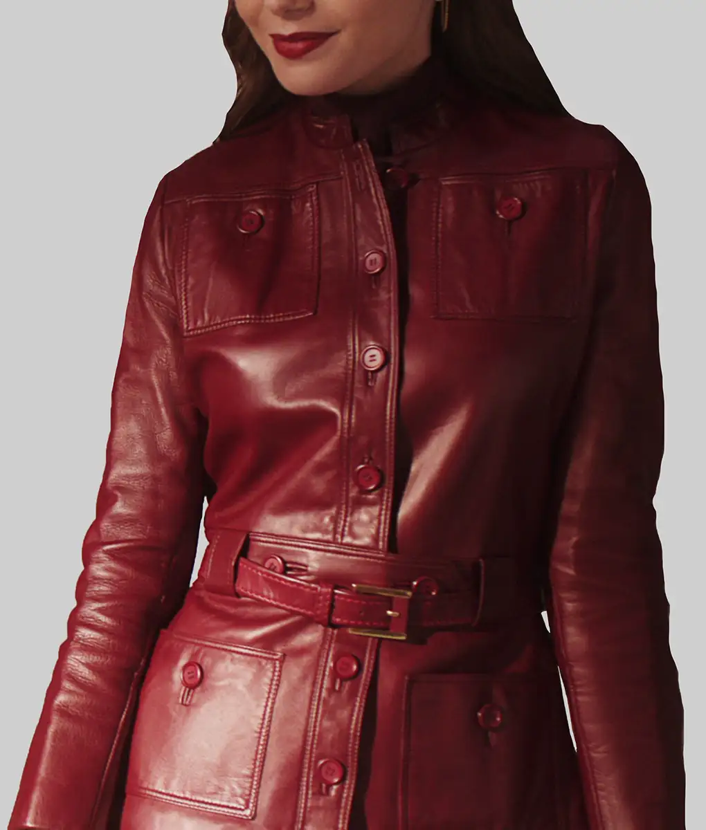 Emily in Paris Lily Collins Red Leather Jacket - Emily in Paris Lily Collins Red Leather Jacket - Front View 2