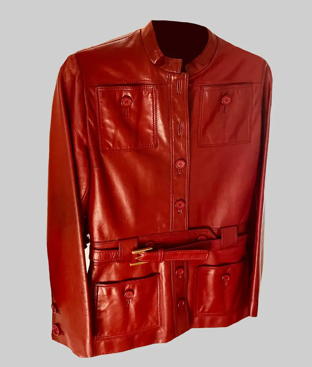 Emily in Paris Lily Collins Red Leather Jacket - Emily in Paris Lily Collins Red Leather Jacket - Front View 1