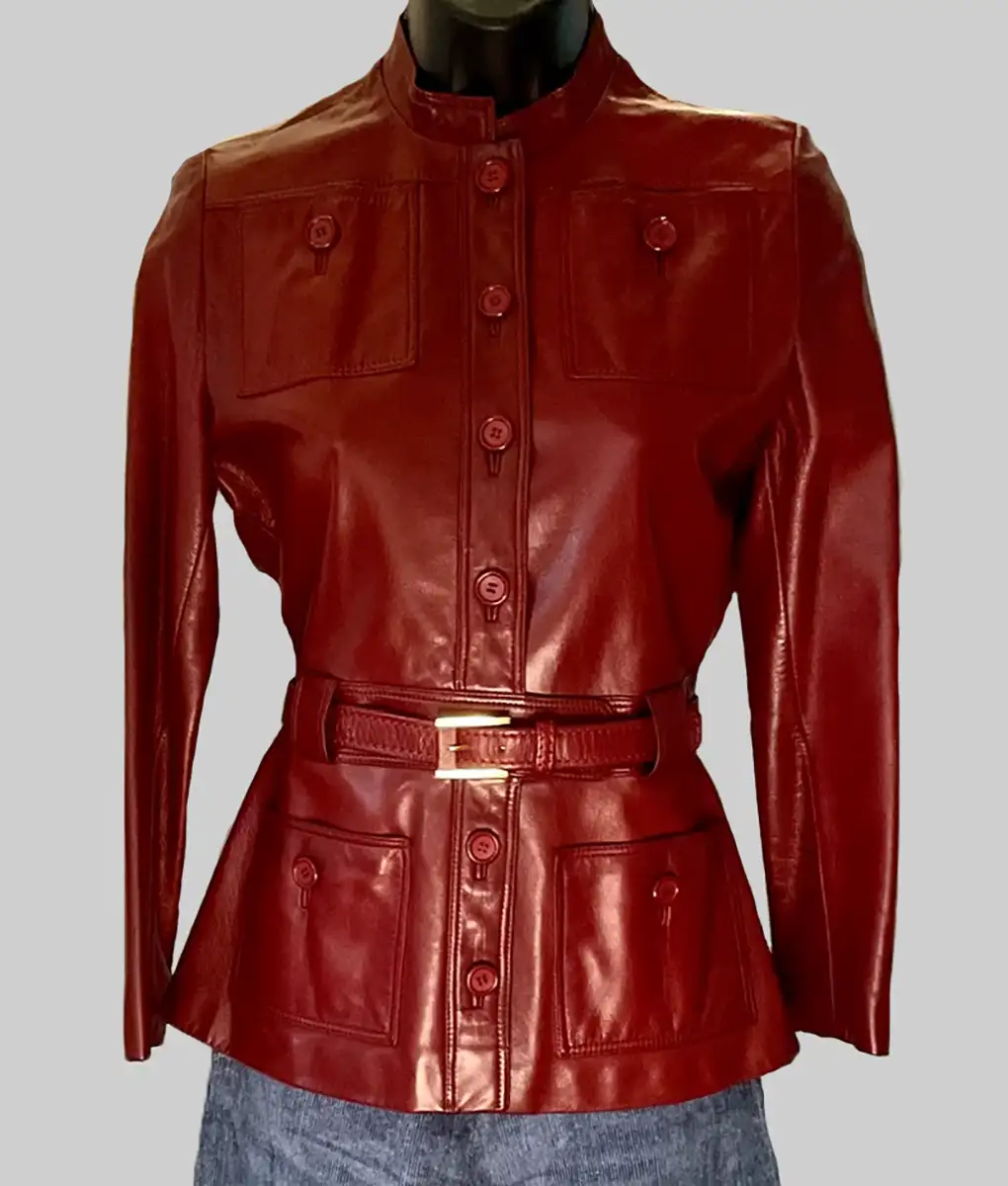Emily in Paris Lily Collins Red Leather Jacket - Emily in Paris Lily Collins Red Leather Jacket - Front View