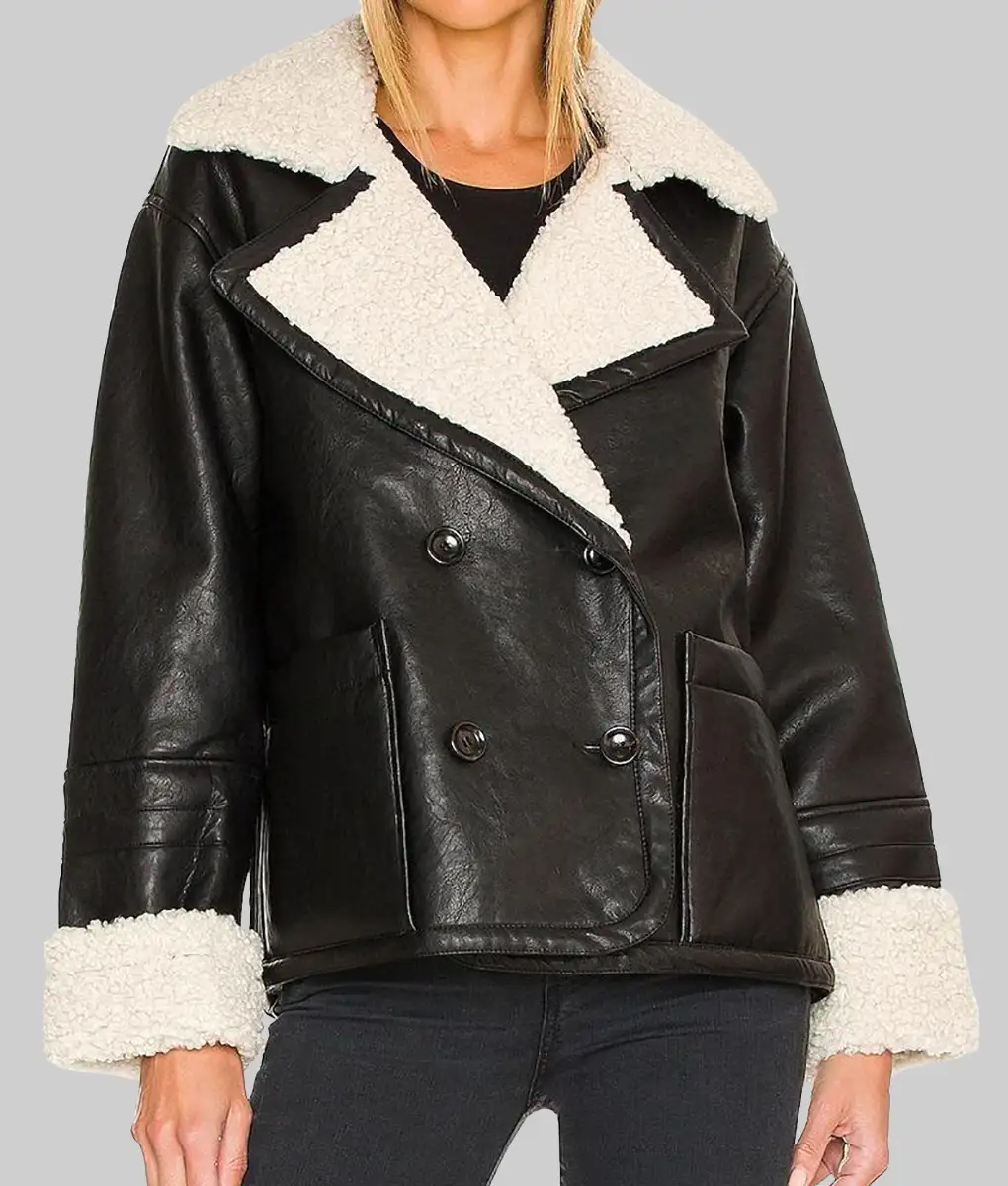 Only Murders in the Building Selena Gomez (Mabel Mora) Black Leather Shearling Jacket - Front View