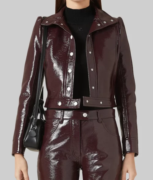 Pom Klementieff Burgundy Leather Jacket - Angeles Special Screening Of Lionsgate's Pom Klementieff Burgundy Leather Jacket - Front View