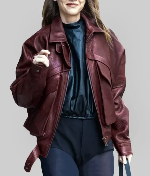 Barbara Palvin Burgundy Leather Bomber Jacket