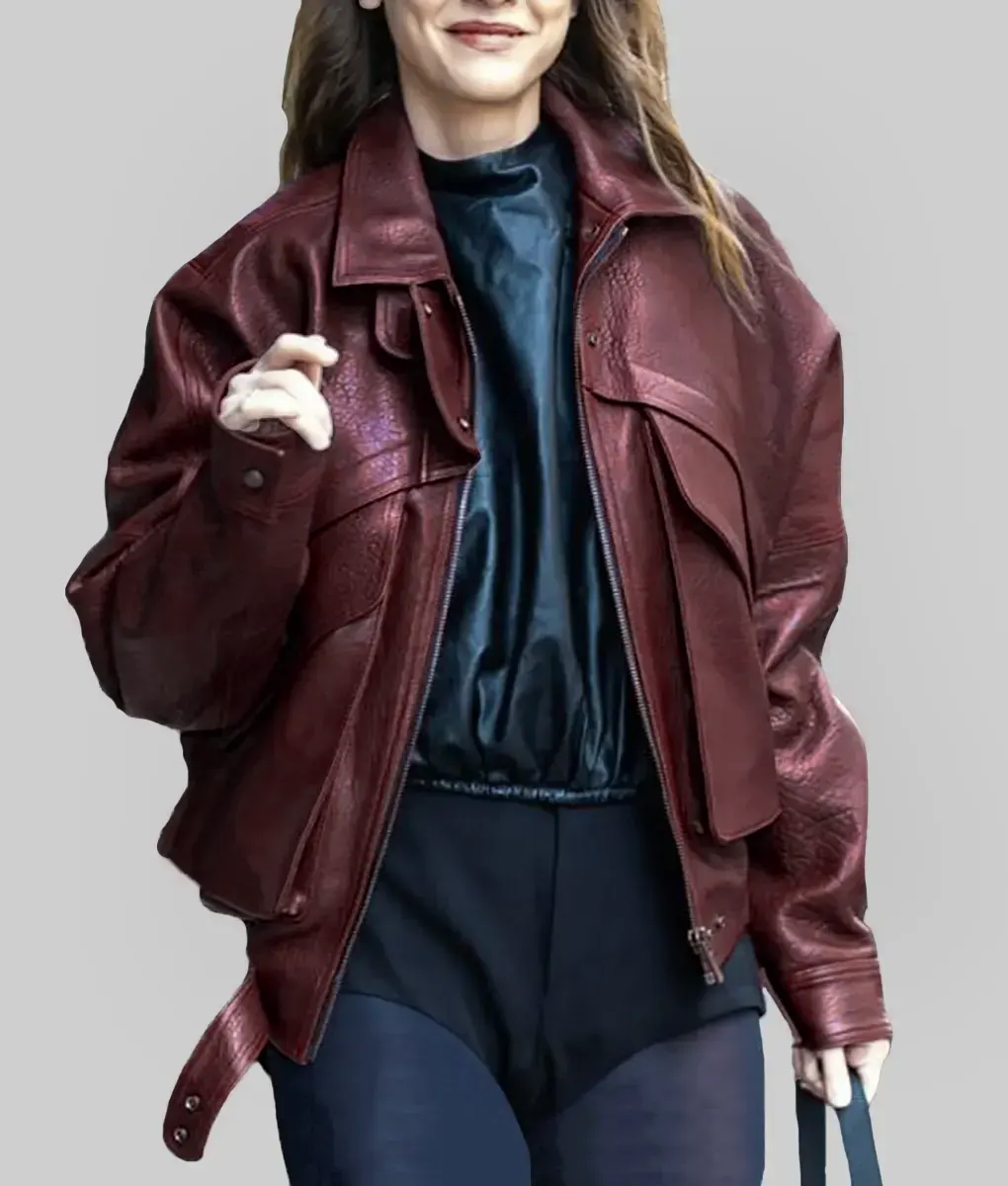 Barbara Palvin Burgundy Leather Bomber Jacket
