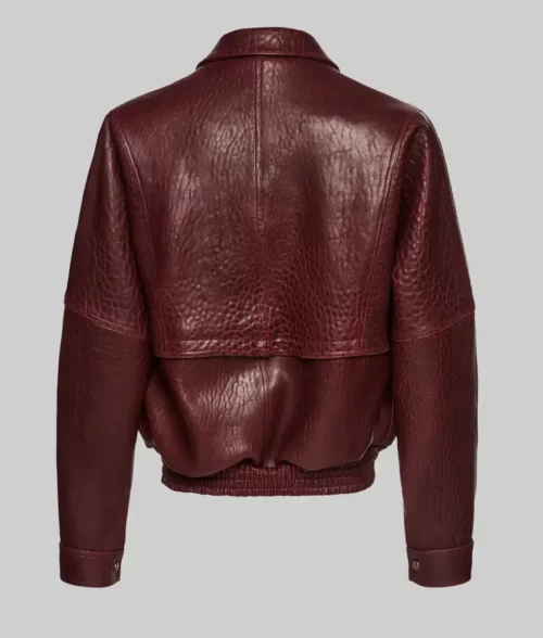 Barbara Palvin Burgundy Leather Bomber Jacket