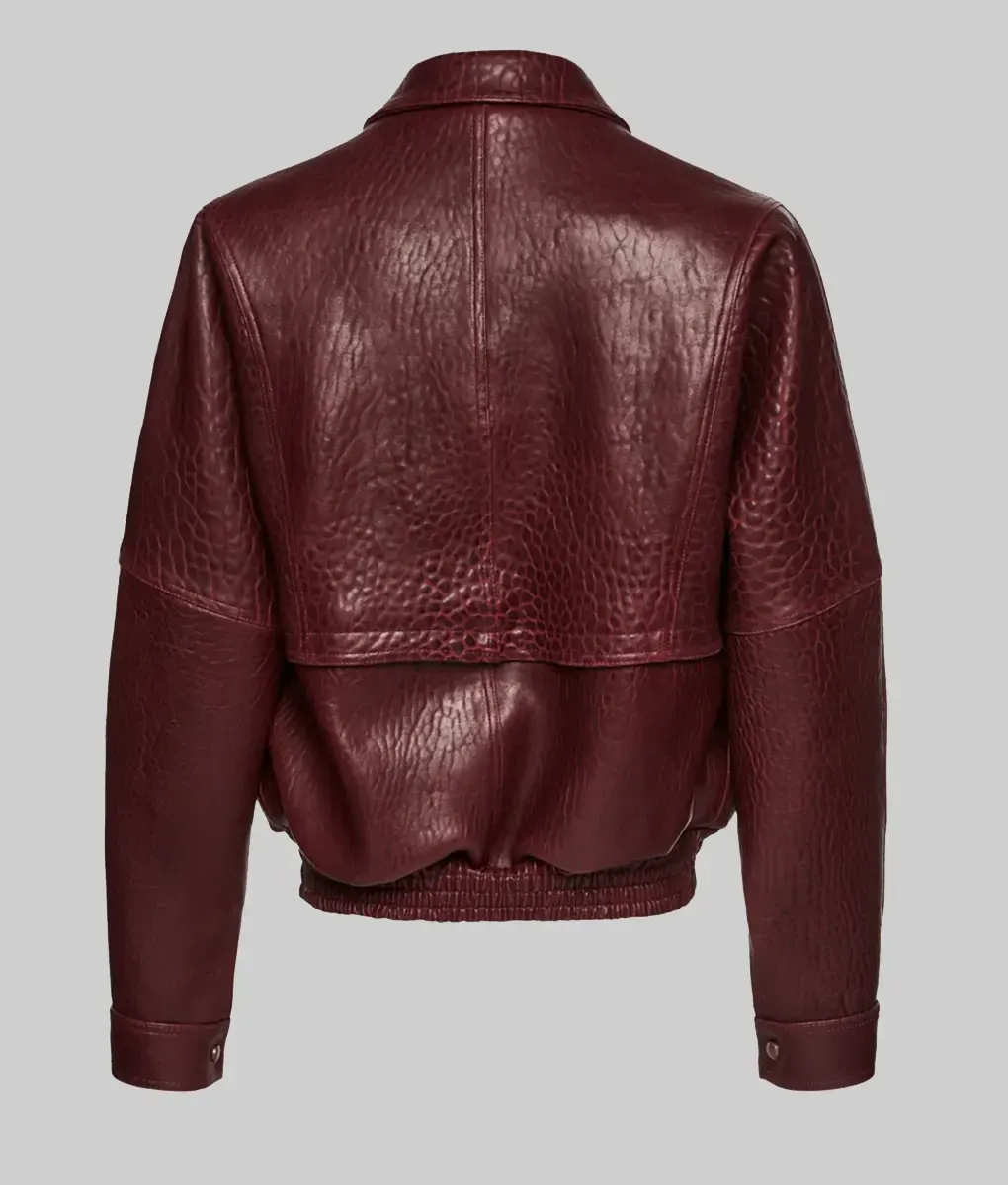 Barbara Palvin Burgundy Leather Bomber Jacket