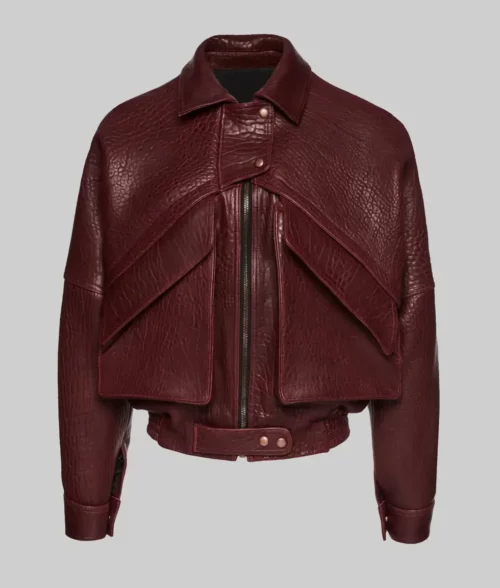 Barbara Palvin Burgundy Leather Bomber Jacket