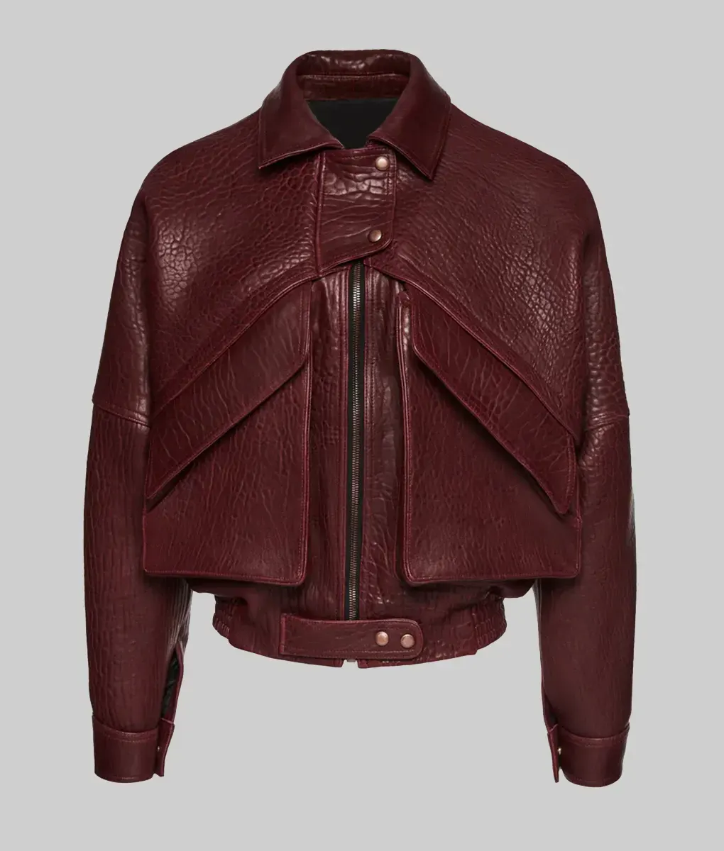 Barbara Palvin Burgundy Leather Bomber Jacket