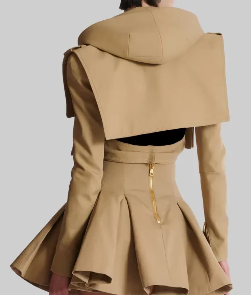 Dove Cameron Cotton Cropped Hooded Jacket - Dove Cameron Cotton Beige Cropped Hooded Jacket - Back View
