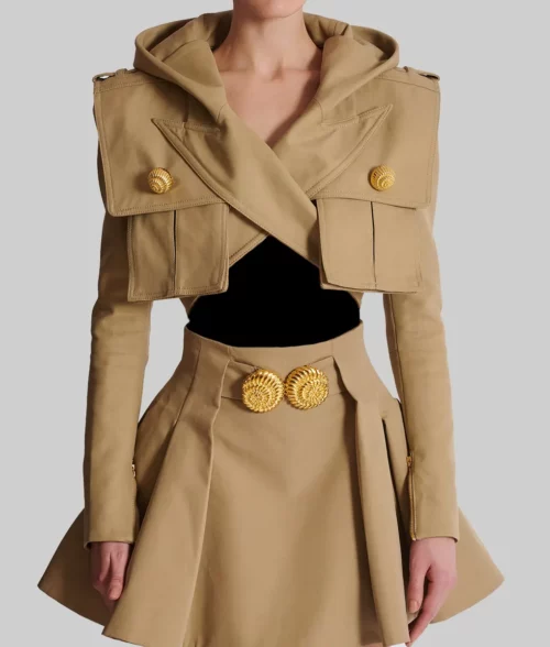 Dove Cameron Cotton Cropped Hooded Jacket - Dove Cameron Cotton Beige Cropped Hooded Jacket - Front View