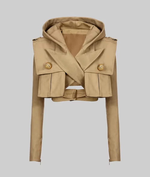 Dove Cameron Cotton Cropped Hooded Jacket - Dove Cameron Cotton Beige Cropped Hooded Jacket - Front View