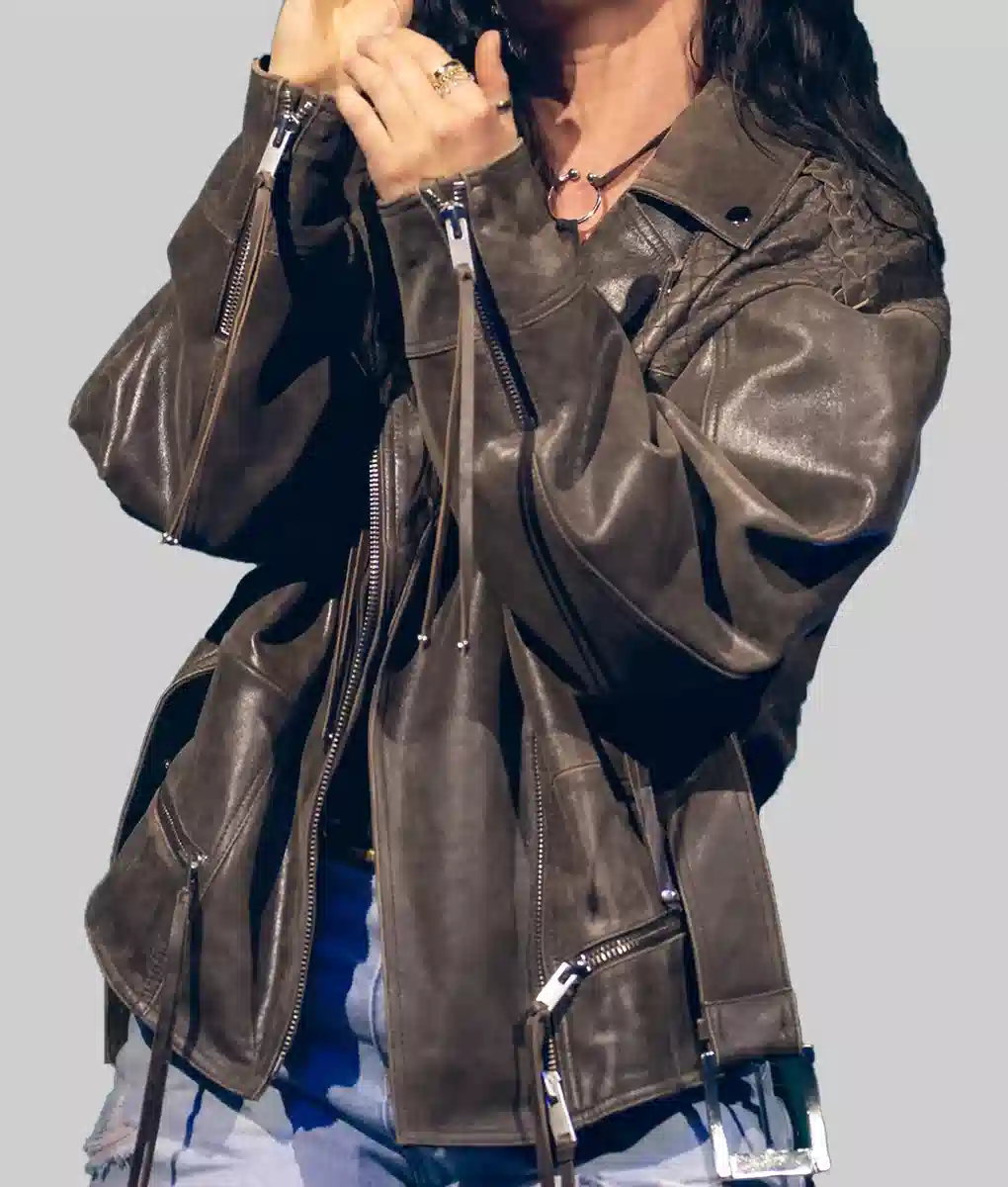Fletcher Oversized Brown Leather Jacket - Austin City Limits Music Festival Fletcher Oversized Brown Leather Jacket - Front View