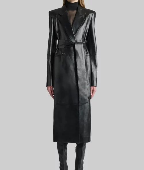Hailey Bieber Black Leather Coat - Doja Cat’s Birthday Party Hailey Bieber Black Leather Coat - Front View