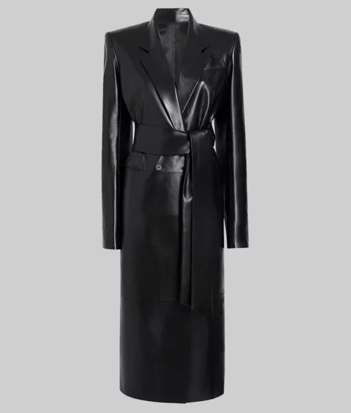 Hailey Bieber Black Leather Coat - Doja Cat’s Birthday Party Hailey Bieber Black Leather Coat - Front View