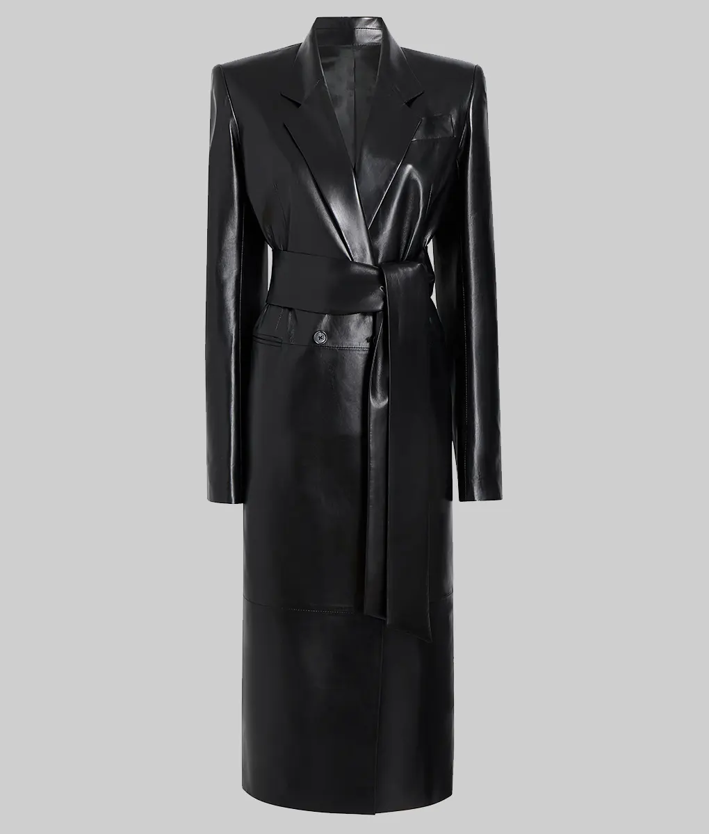 Hailey Bieber Black Leather Coat - Doja Cat’s Birthday Party Hailey Bieber Black Leather Coat - Front View
