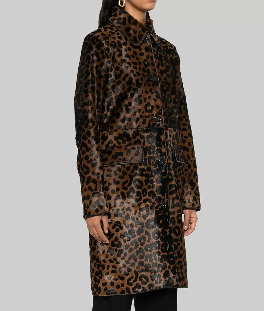 Hailey Bieber Leopard Print Brown Leather Coat - Hailey Bieber Night Out Leopard Print Brown Leather Coat - Side View