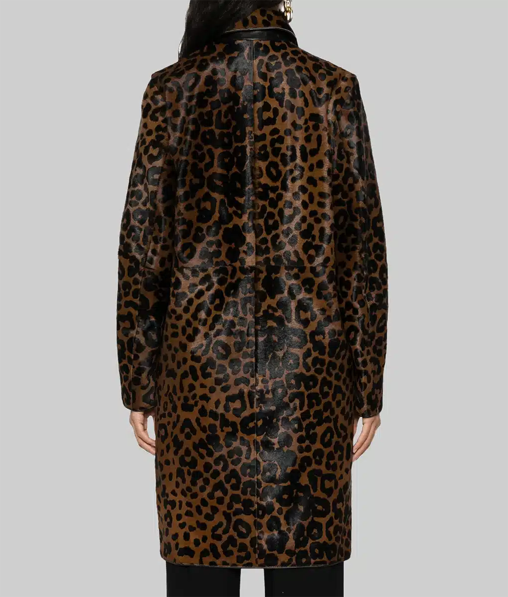 Hailey Bieber Leopard Print Brown Leather Coat - Hailey Bieber Night Out Leopard Print Brown Leather Coat - Back View
