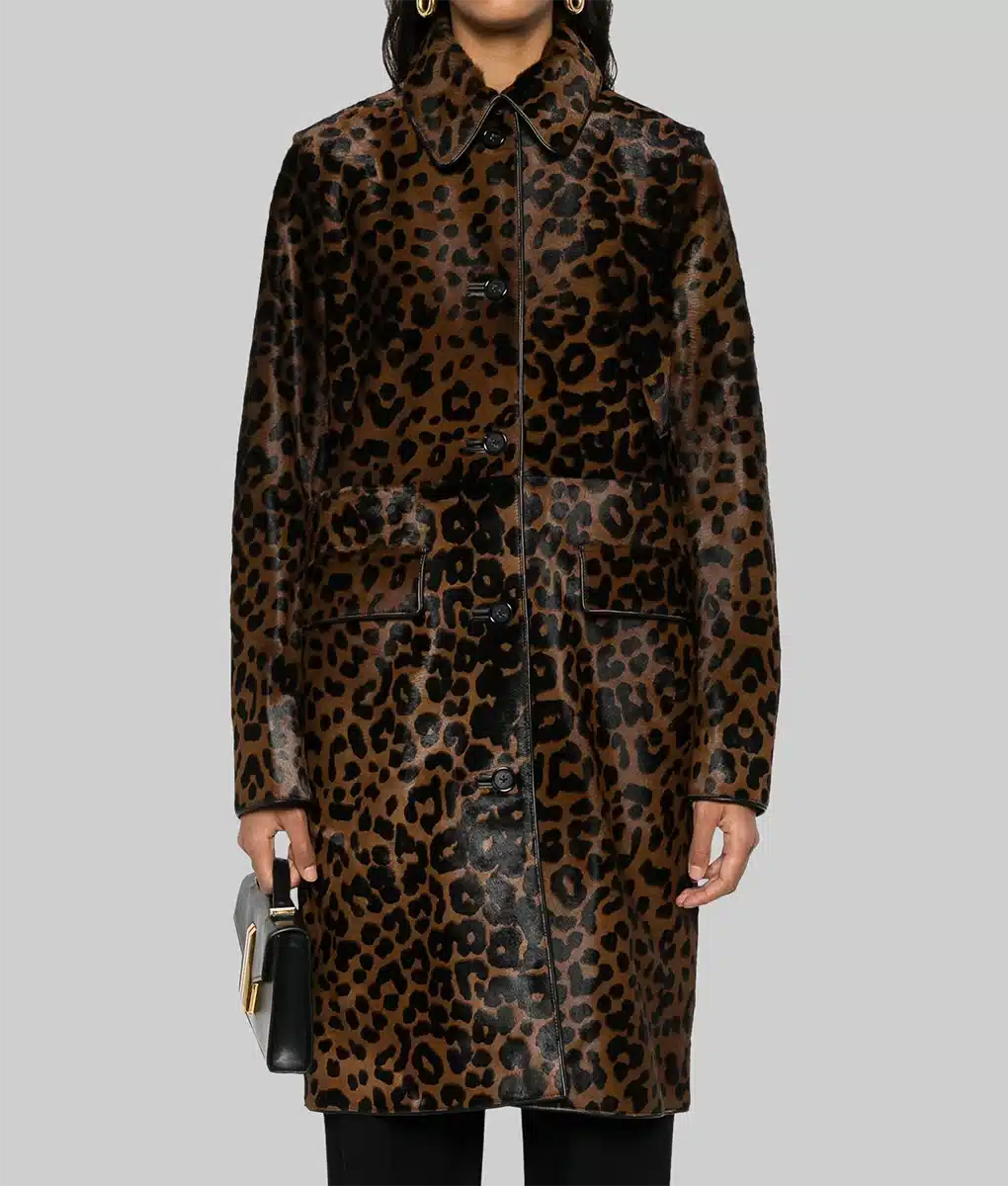 Hailey Bieber Leopard Print Brown Leather Coat - Hailey Bieber Night Out Leopard Print Brown Leather Coat - Front View