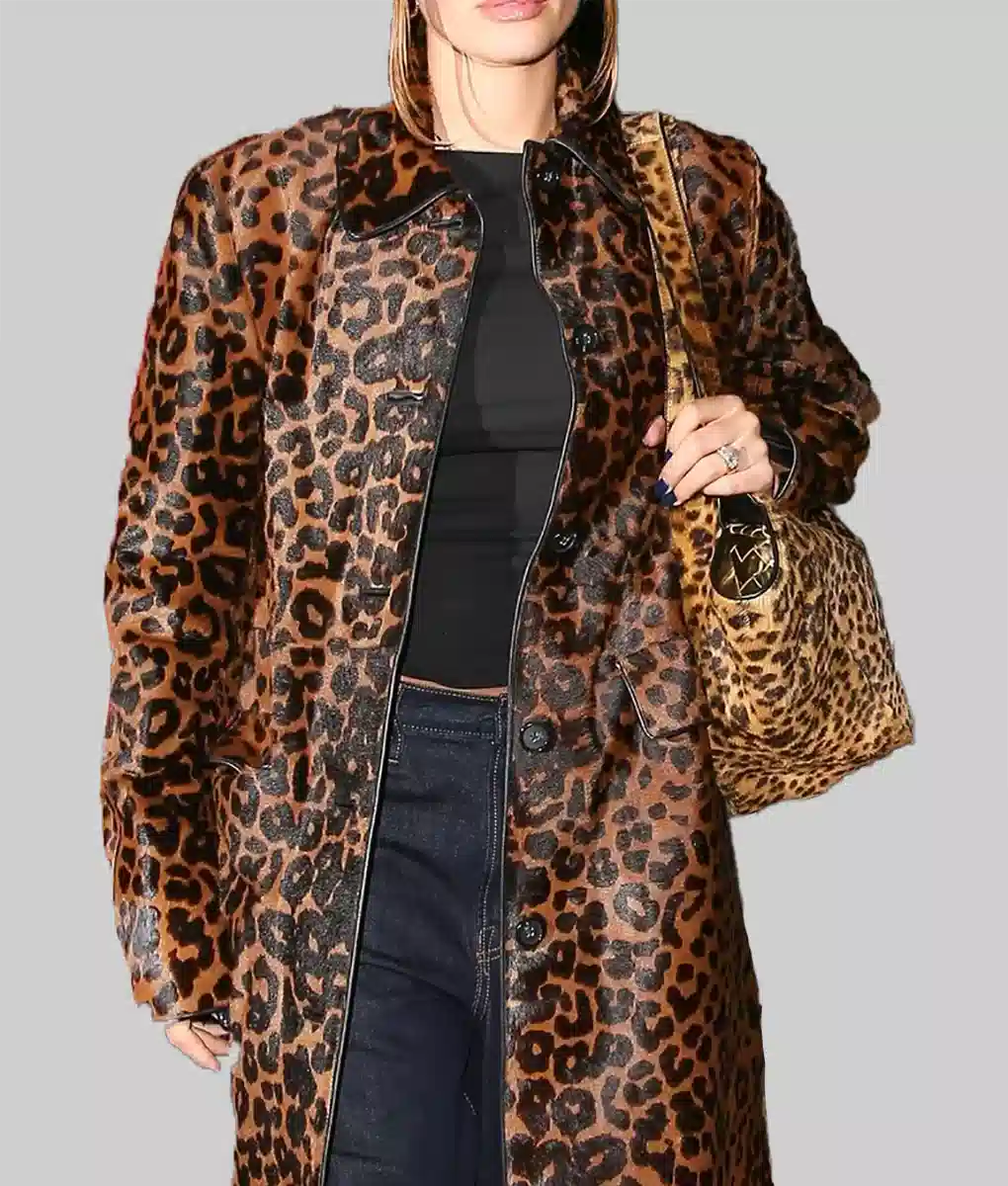Hailey Bieber Leopard Print Brown Leather Coat - Hailey Bieber Night Out Leopard Print Brown Leather Coat - Celebrity View