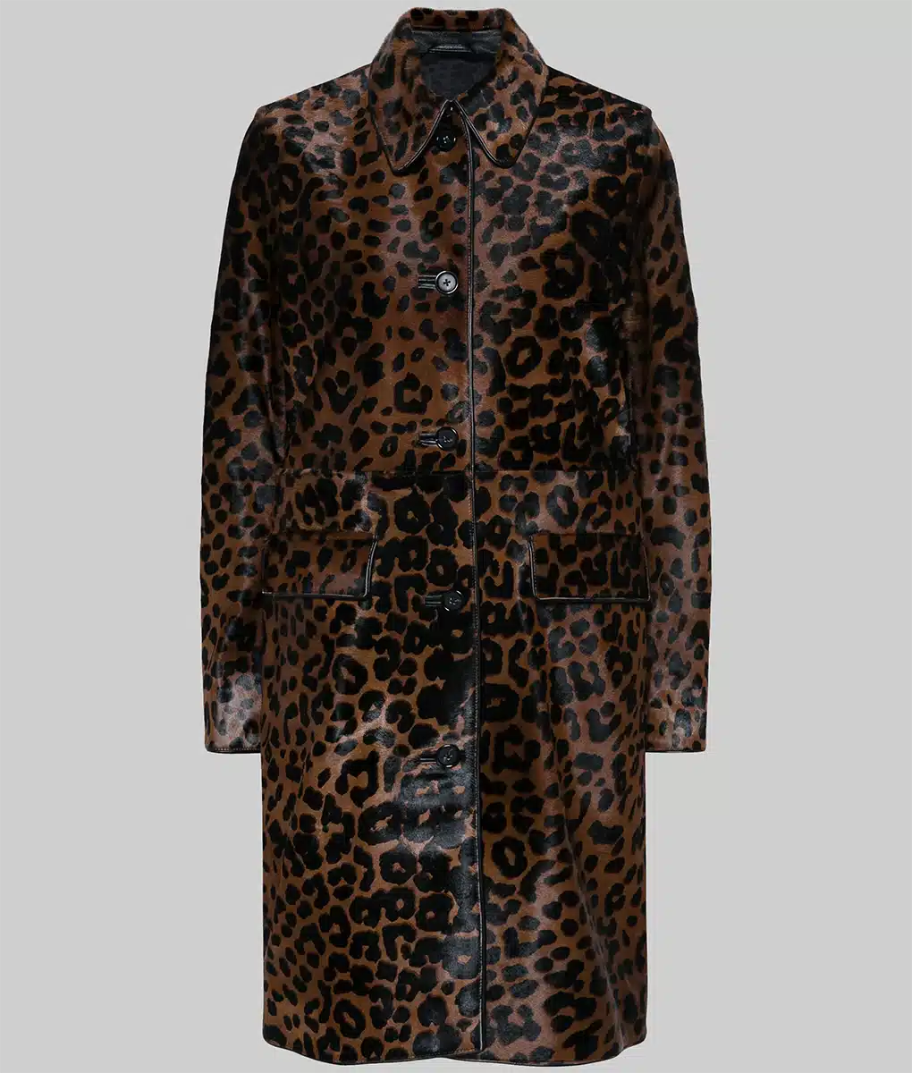 Hailey Bieber Leopard Print Brown Leather Coat - Hailey Bieber Night Out Leopard Print Brown Leather Coat - Front View