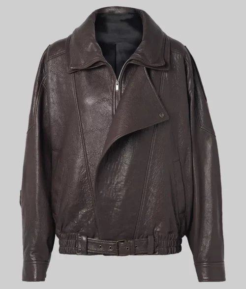 Hailey Bieber Oversized Brown Leather Jacket - Hailey Bieber Oversized Brown Leather Bomber Jacket - Front View