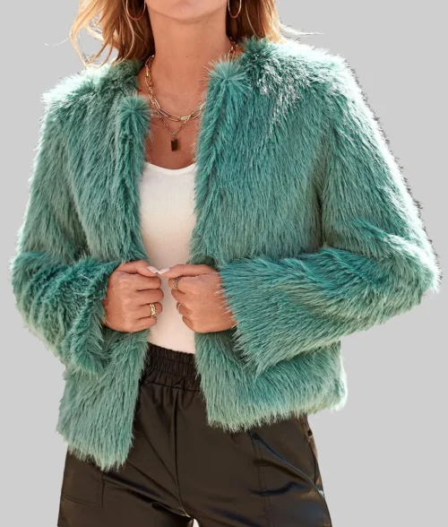 High Potential Kaitlin Olson Teal Fur Jacket - High Potential Kaitlin Olson (Morgan Gillory) Teal Fur Jacket - Front View