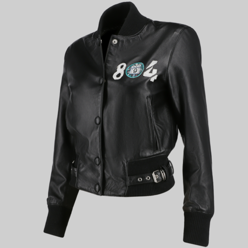 Kim Women's 804 Black Bomber Leather Jacket - Front Side View