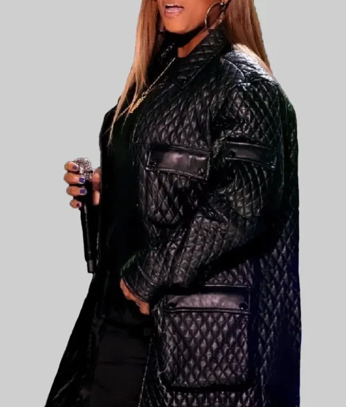 Queen Latifah Quilted Black Leather Coat - Rock & Roll Hall Of Fame Induction Ceremony Queen Latifah Quilted Black Leather Coat - Left View