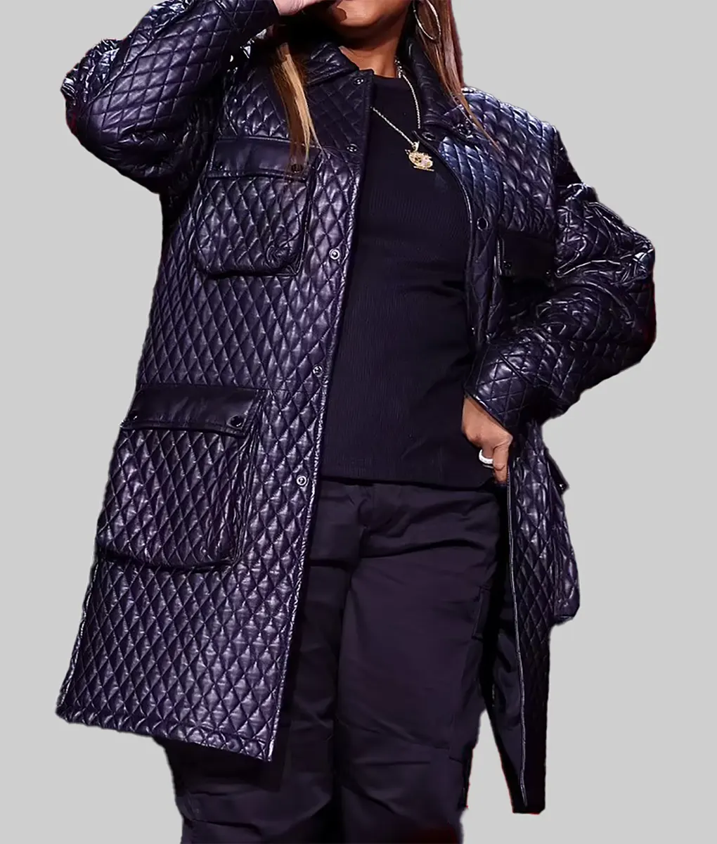 Queen Latifah Quilted Black Leather Coat - Rock & Roll Hall Of Fame Induction Ceremony Queen Latifah Quilted Black Leather Coat - Front View