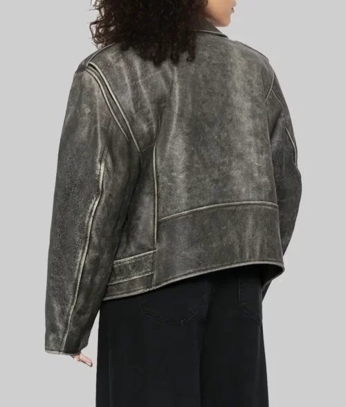 Rose Distressed Black Leather Biker Jacket - Back