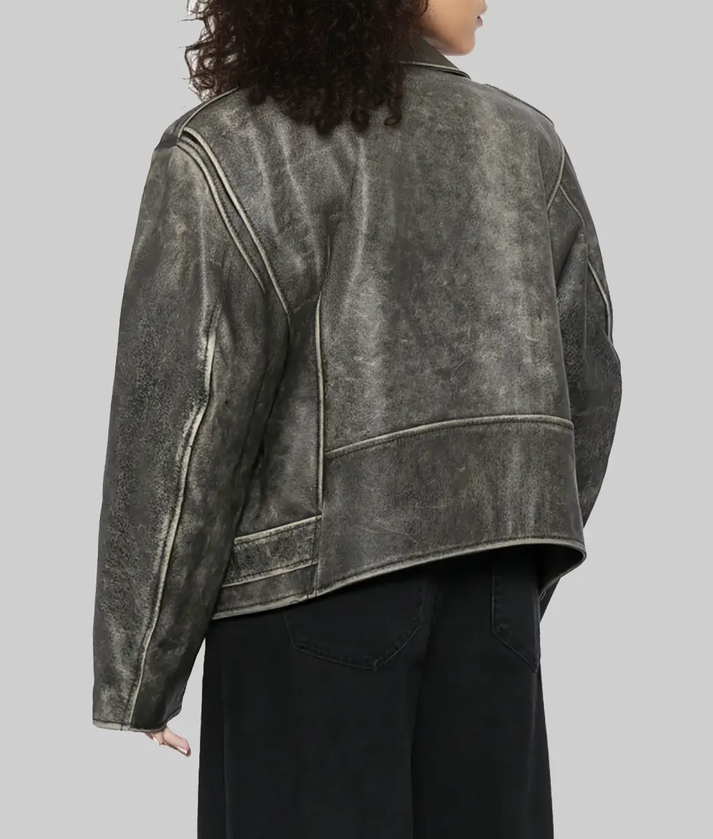 Rose Distressed Black Leather Biker Jacket - Back