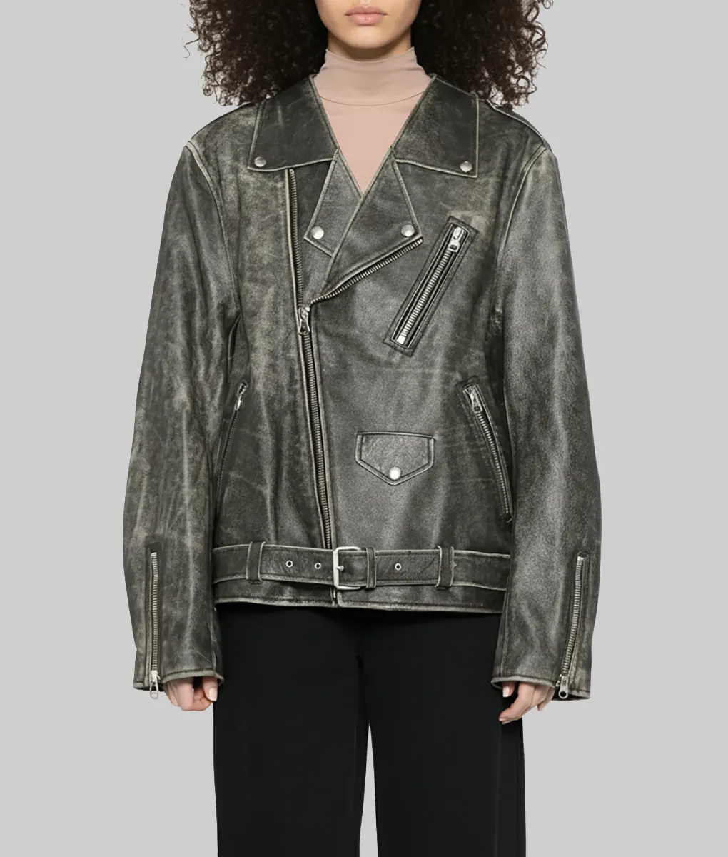 Rose Distressed Black Leather Biker Jacket - Front