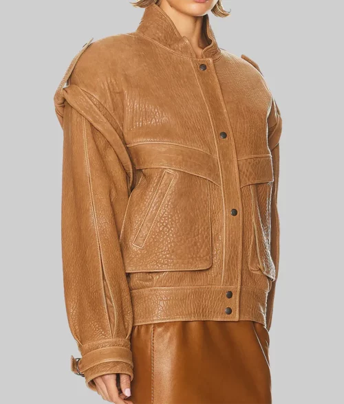 Rosie Huntington Oversized Brown Leather Jacket - Side View