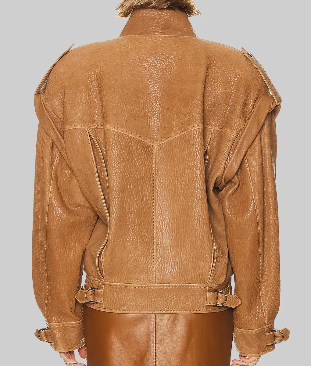 Rosie Huntington Oversized Brown Leather Jacket - Back View