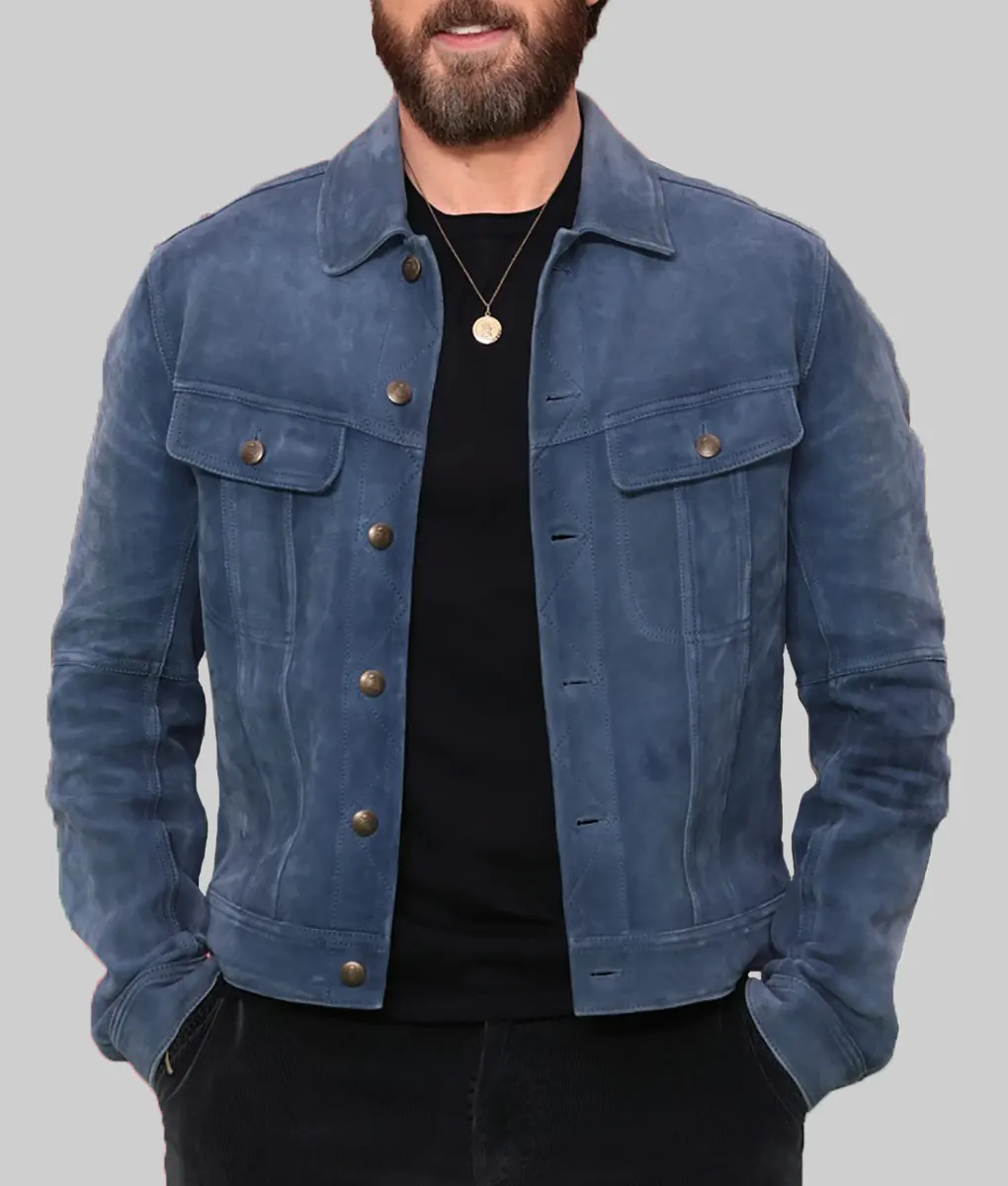 Red One Photocall Chris Evans Suede Jacket - Red One Photocall Chris Evans Blue Suede Jacket - Celebrity View