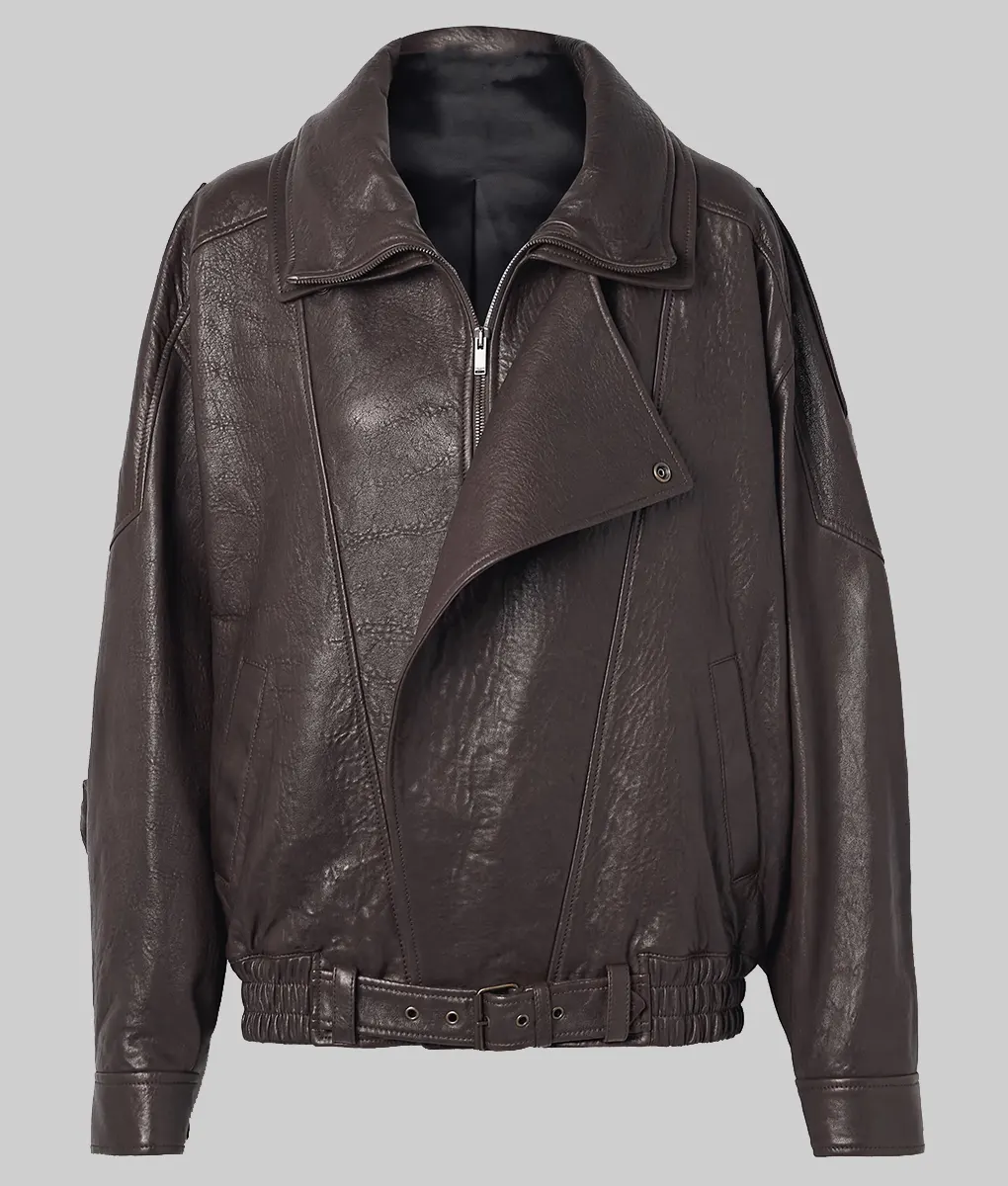Sofia Richie Oversized Brown Leather Jacket - Sofia Richie Oversized Brown Leather Jacket - Front View