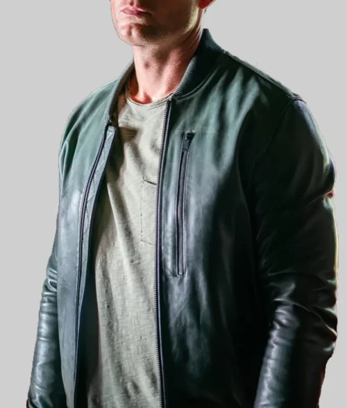 Tracker Justin Hartley Green Leather Bomber Jacket - Tracker Justin Hartley (Colter Shaw) Green Leather Bomber Jacket - Side View