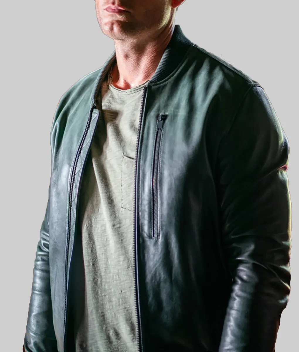 Tracker Justin Hartley Green Leather Bomber Jacket - Tracker Justin Hartley (Colter Shaw) Green Leather Bomber Jacket - Side View