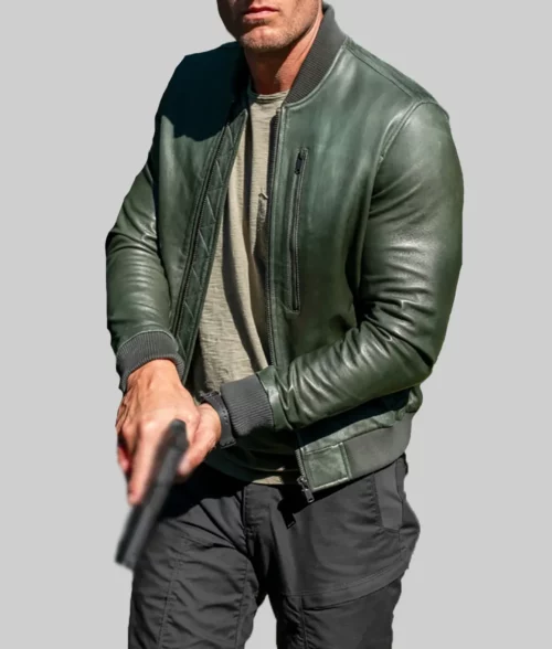Tracker Justin Hartley Green Leather Bomber Jacket - Tracker Justin Hartley (Colter Shaw) Green Leather Bomber Jacket - Front View