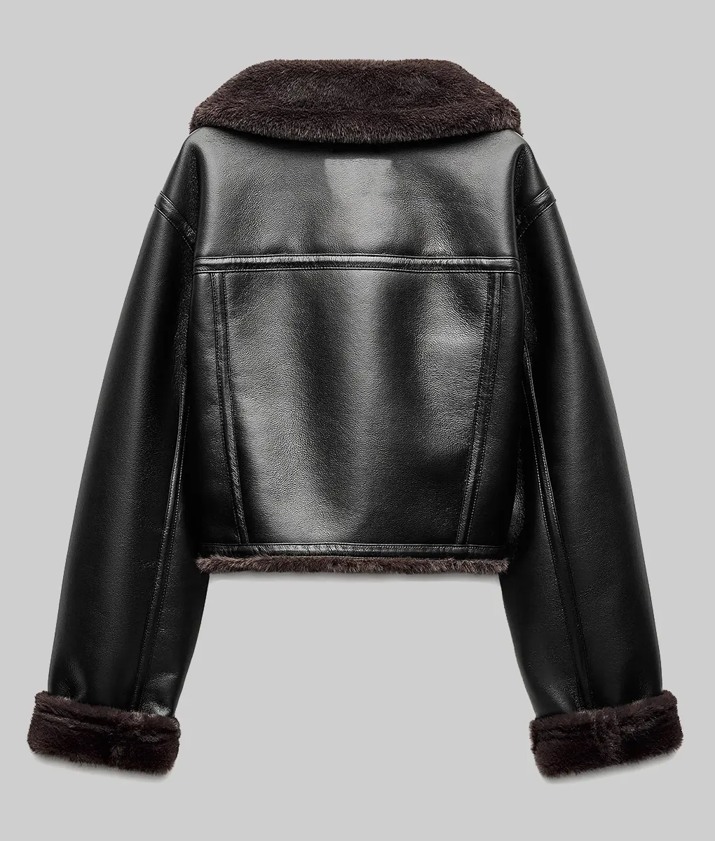 Ashley Benson Black Leather Fur Jacket - Ashley Benson Black Leather Fur Jacket - Back View