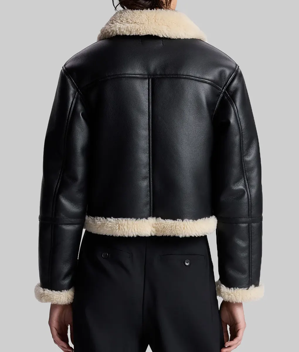 Erin Andrews Shearling Black Leather Jacket - Sportscaster Erin Andrews Shearling Black Leather Jacket - Back View