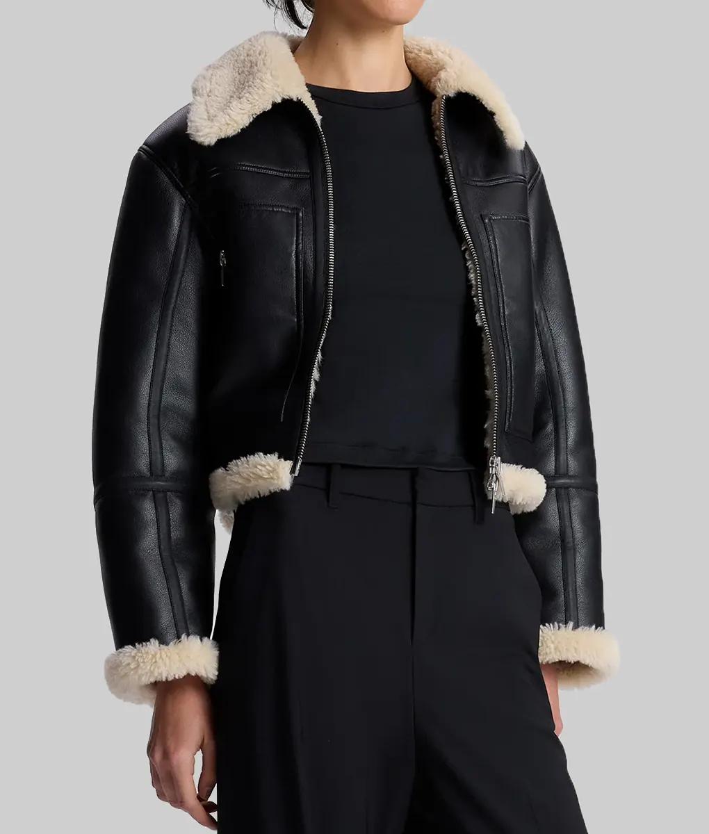 Erin Andrews Shearling Black Leather Jacket - Sportscaster Erin Andrews Shearling Black Leather Jacket - Side View