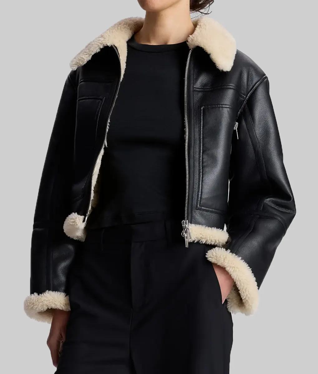 Erin Andrews Shearling Black Leather Jacket - Sportscaster Erin Andrews Shearling Black Leather Jacket - Front Open View
