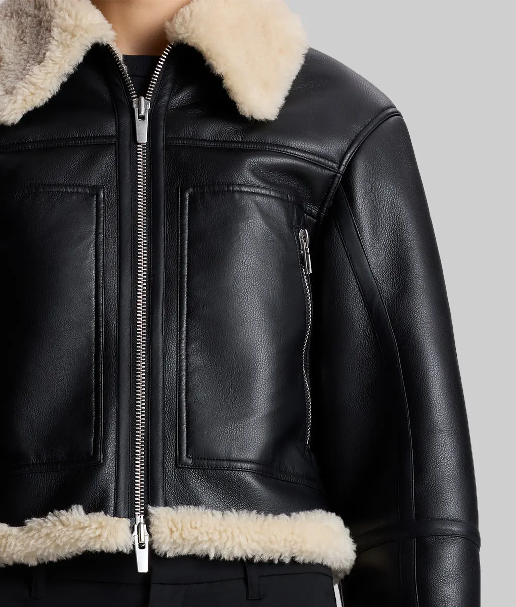 Erin Andrews Shearling Black Leather Jacket - Sportscaster Erin Andrews Shearling Black Leather Jacket - Zoom View