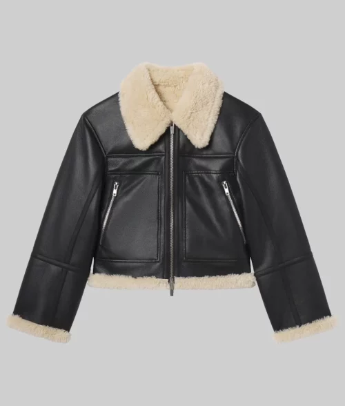 Erin Andrews Shearling Black Leather Jacket - Sportscaster Erin Andrews Shearling Black Leather Jacket - Front View