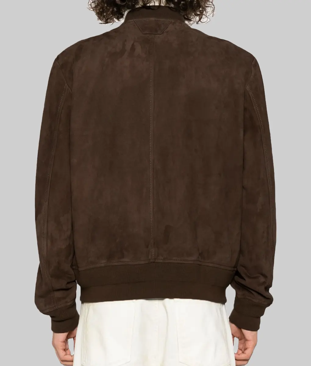 Gerard Butler Suede Bomber Jacket - Den of Thieves 2 Pantera Special Screening Gerard Butler Brown Suede Leather Bomber Jacket - Back View