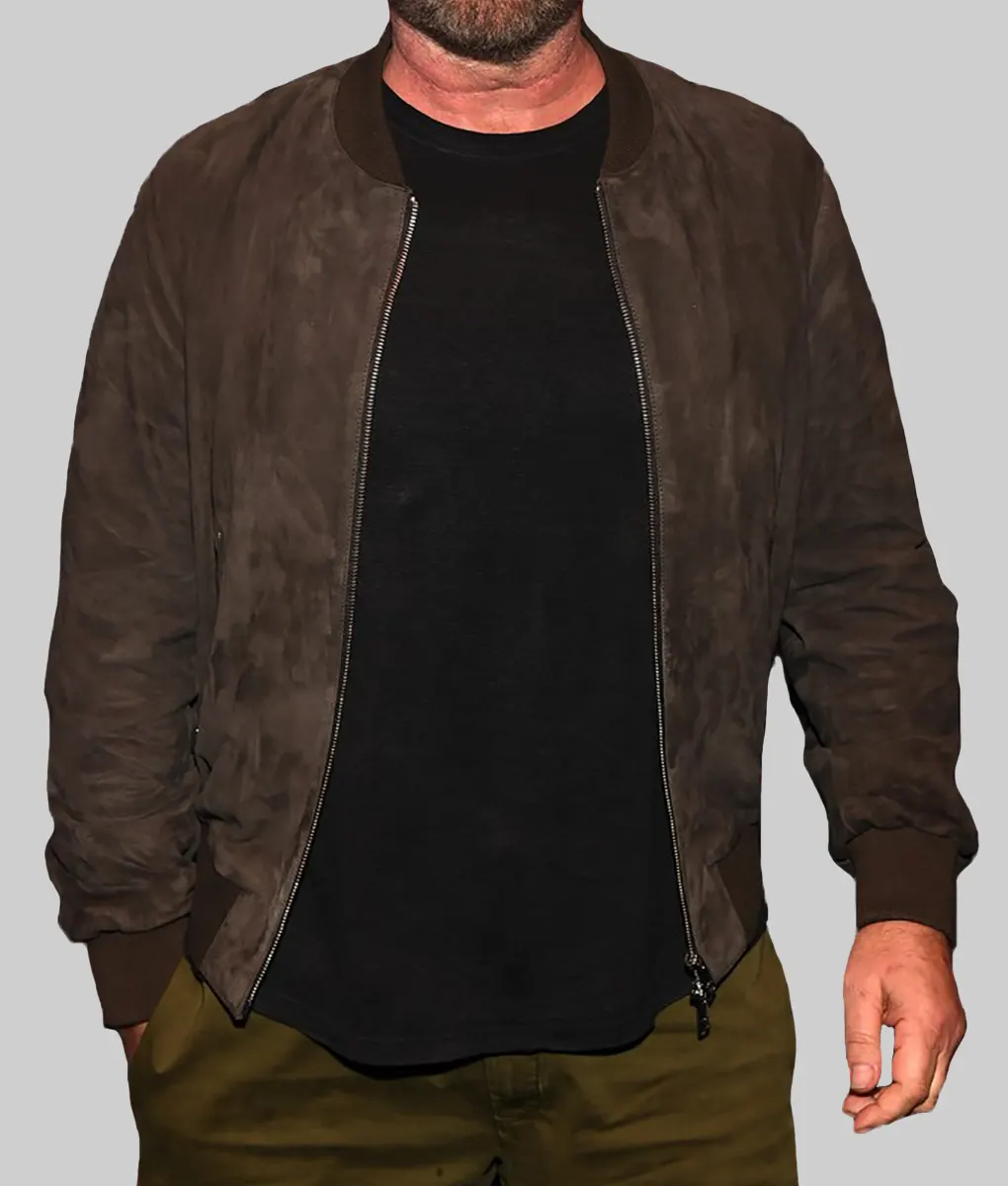 Gerard Butler Suede Bomber Jacket - Den of Thieves 2 Pantera Special Screening Gerard Butler Brown Suede Leather Bomber Jacket - Celebrity View