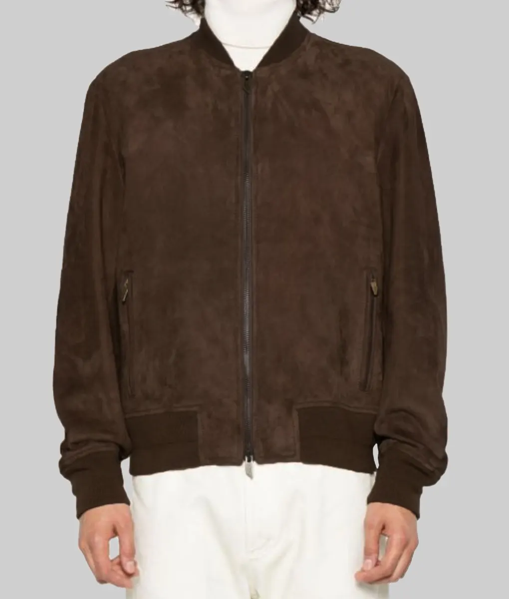 Gerard Butler Suede Bomber Jacket - Den of Thieves 2 Pantera Special Screening Gerard Butler Brown Suede Leather Bomber Jacket - Front View