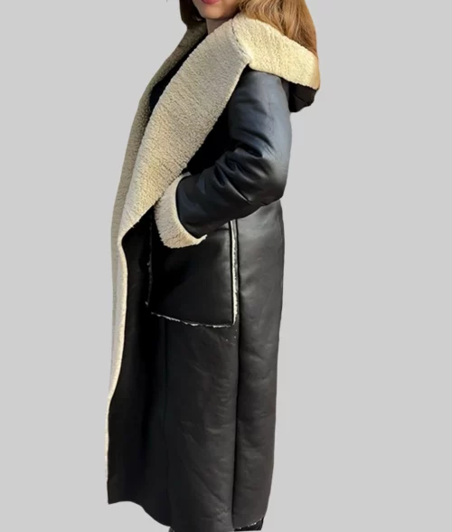 Katie Holmes Black Leather Hooded Coat